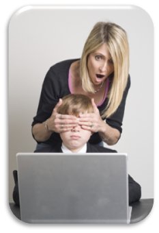 Mom covering eyes of child at laptop