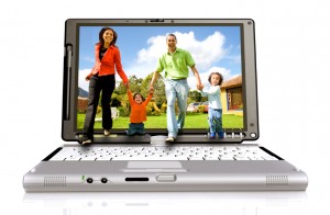happy family coming out of laptop